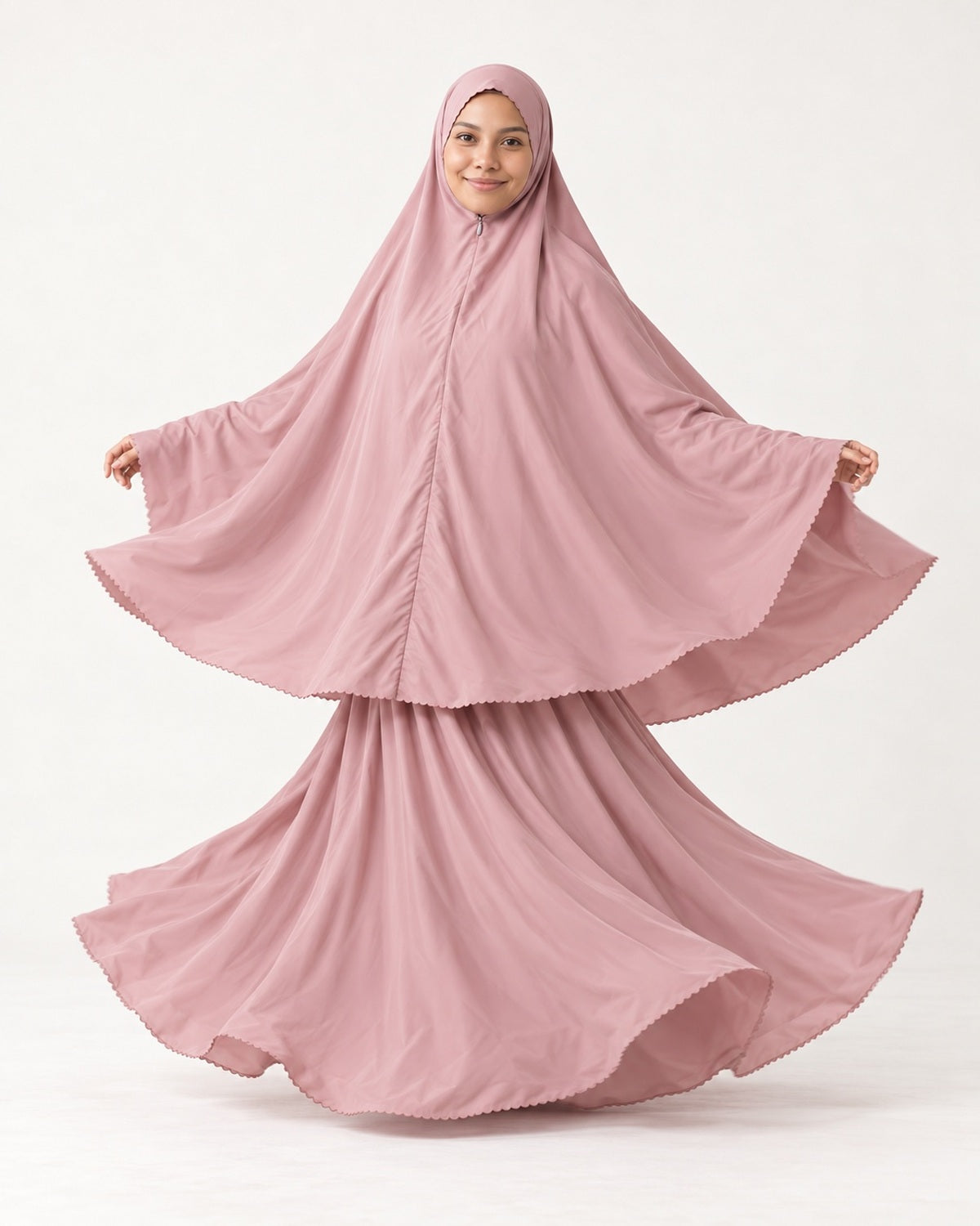 Twirl in the Pocket Prayer Outfit in Shafaq: light fabric flaring out, scalloped edges