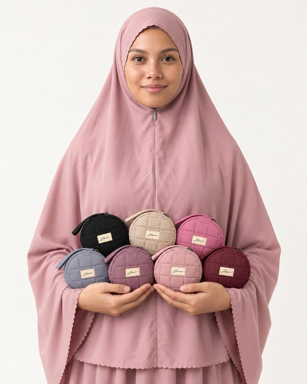 All seven Pocket Prayer Outfit colours: Layl, Duha, Warda, Qamar, Inab, Shafaq, Rumman
