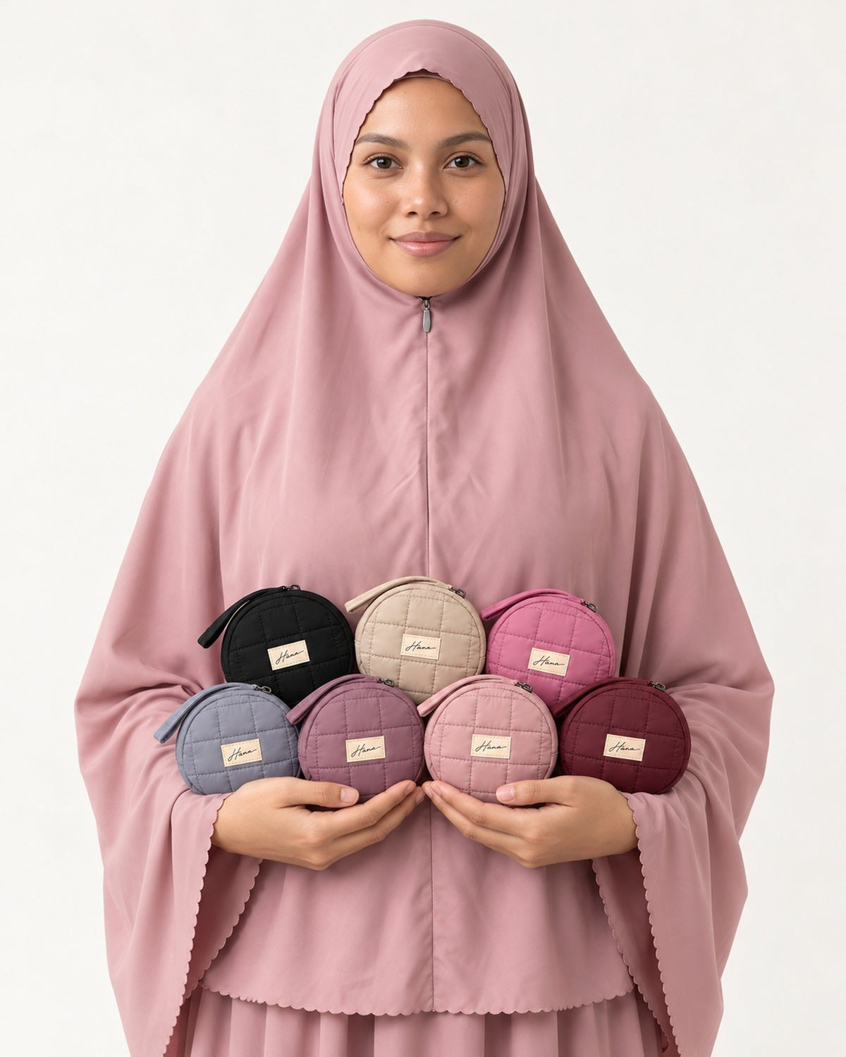 All seven Pocket Prayer Outfit colours: Layl, Duha, Warda, Qamar, Inab, Shafaq, Rumman