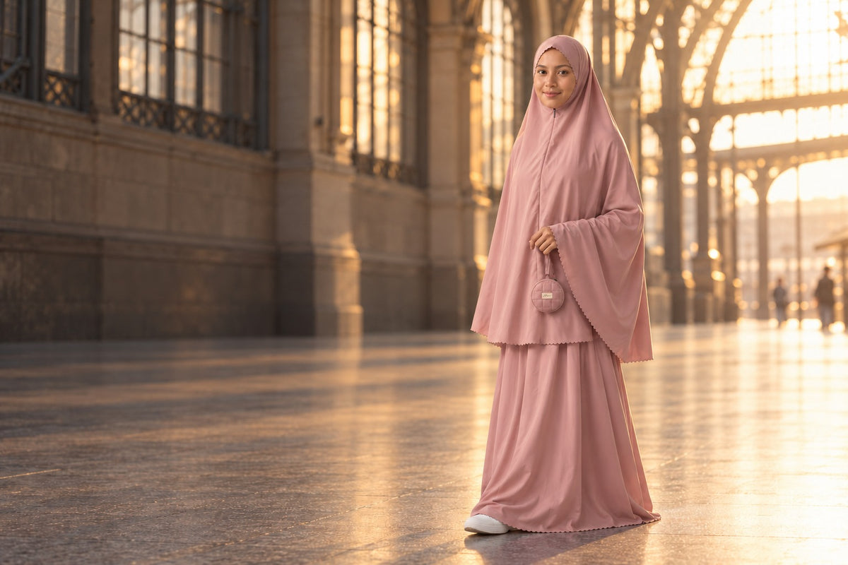 Woman in the Shafaq Pocket Prayer Outfit in a sunlit railway station, holding the small round pouch